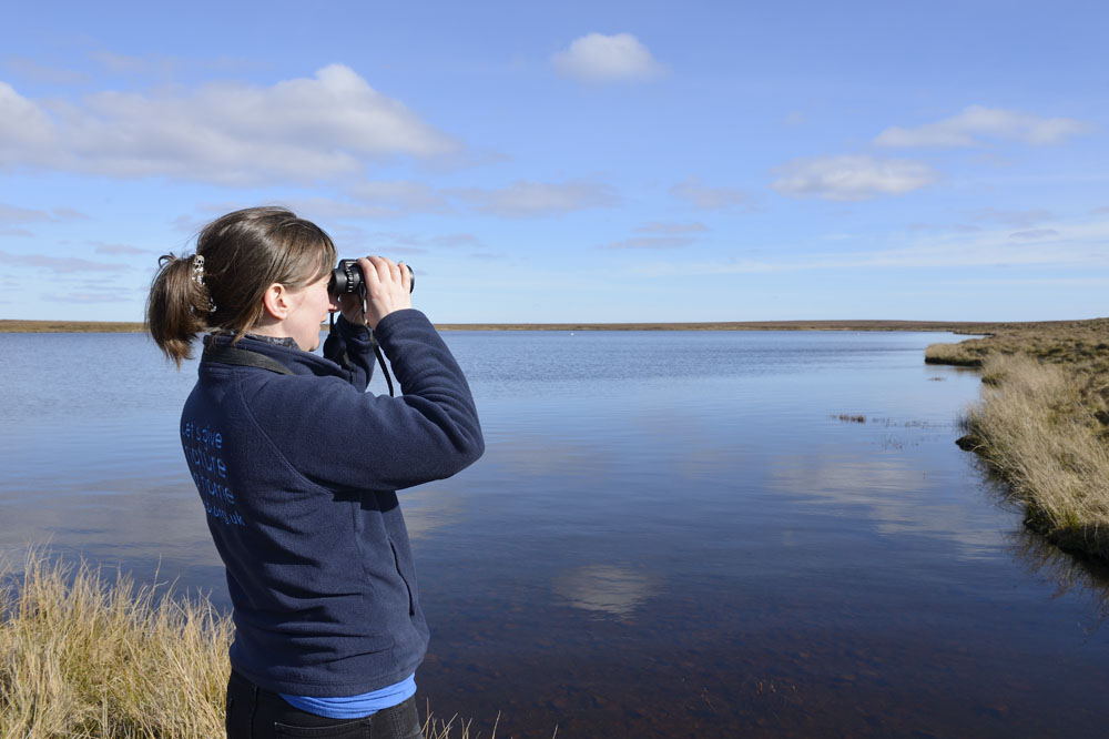 Woman looking through binoculars